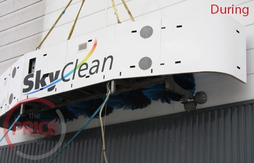 The SkyClean cladding cleaner working on an industrial property